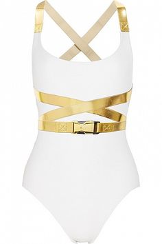 A gorgeous way to create curves.  Speed Clip Metallic-trimmed Swimsuit by Michael Kors Strappy Bathing Suit, White Bathing Suit, Michael Kors Outlet, White Swimsuit, Look Cool, Passion For Fashion, One Piece Swimsuit, Metallica