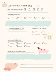 Self Improvement Template, Things To Do For Mental Health, Mental Health Planner Free Printable, Self Care Planner Printable Free, Self Love Worksheet Free Printable, That Girl Planner, Cute Checklist Template, Selfcare Template, Bujo Daily Log