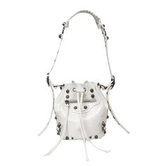 Studded Details Bucket Bag Vegan Leather Upper Bottom Width: 15 cm / 5.9 inch (Approx.) Height: 19 cm / 7.5 inch (Approx.) Depth: 18 cm / 7.1 inch (Approx.) Length of Strap: 103 cm / 40.6 inch (Approx.) NOTE: Please use the chart & measurements as guide only, because sizing and measurements will vary between cuts and designs. White Leather Bucket Bag With Phone Pocket, White Leather Bucket Bag With Phone Holder, White Leather Bucket Bag With Phone Slot, Daily Use Bucket Bag With Silver-tone Hardware, White Leather Handheld Bucket Bag, White Handheld Leather Bucket Bag, Street Style Shoes, Latest Street Fashion, Leather Bucket Bag