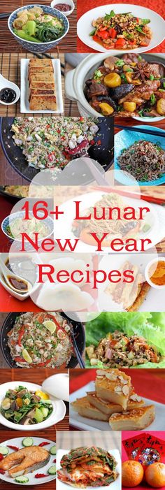 a collage of photos showing different types of new year's dishes and food