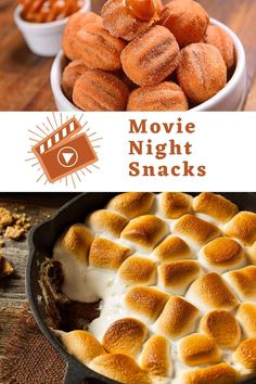 some food that is in a pan and on the table with words above it reading movie night snacks