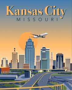 the kansas city poster is shown with an airplane flying in the sky over a large city