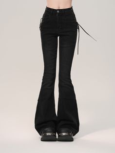 Step up your fashion game with these trendy flared jeans that are sure to turn heads. Designed with a slight flare at the bottom, these jeans offer a flattering silhouette that elongates your legs. The standout feature is the criss-cross drawstring details on both sides of the hips, adding a unique and stylish touch to your outfit. Perfect for casual outings or a night out, these jeans are versatile and comfortable.   Please note, the price includes only one pair of pants. SizeSMLXLWaist57616569Hips76808488Length103104105106 Edgy Flare Jeans For Fall, Edgy High Waist Flare Jeans For Fall, Edgy Wide Leg Flare Jeans With Five Pockets, Edgy Wide-leg Flare Jeans With Five Pockets, Edgy Wide Leg Flare Jeans, Flared Jeans With Five Pockets For Streetwear, Trendy Flare Bottoms For Streetwear, Trendy Fall Flare Jeans With Flared Hem, Edgy Flare Bottoms For Fall