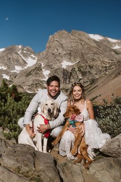 a man and woman sitting on top of a mountain with two dogs in front of them