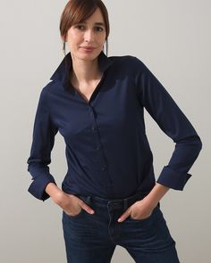 Busy days feel a little less stressful in our No Iron Stretch Shirt. This no-hassle, long sleeve collared shirt is now in new colors to expand your wardrobe's mix and match potential. Always look pristine and wrinkle-free when you pair this top with our Brigitte jeans. No iron fabric gives you an always-pristine, wrinkle-free look. Classic fit long sleeve button down collared shirt. Length: 28". 62% cotton, 33% polyester, 5% spandex. Machine wash. Imported. Button Shirt Outfit, Long Sleeve Collared Shirt, Navy Blue T Shirt, Hair Regrowth, Dresses Pants, Tshirt Outfits, Womens Designer Fashion, Sweaters And Jeans, Red Bead