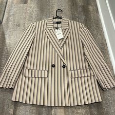 Tan, Pinstripe, Single Breasted Blazer By Zara Chic Spring Blazer With Vertical Stripes, Elegant Vertical Stripe Outerwear For Spring, Casual Striped Blazer For Office, Elegant Spring Outerwear With Vertical Stripes, Classic Spring Outerwear With Vertical Stripes, Casual Striped Outerwear For Office, Single Breasted Blazer, Zara Blazer, Breasted Blazer