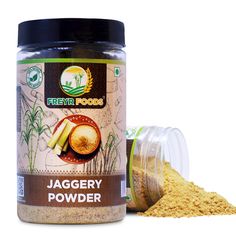 a jar of jaggery powder next to it's lid