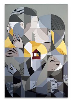 an abstract painting with multiple images of people and a house in the middle, on a gray background