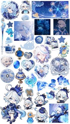 an assortment of blue and white stickers