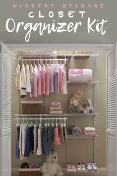 the closet is organized with baby clothes and toys