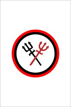 a red and black circle with two crossed swords in the center on a white background