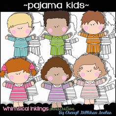 the paper dolls are all dressed up in different colors and patterns, with text that reads pajama kids