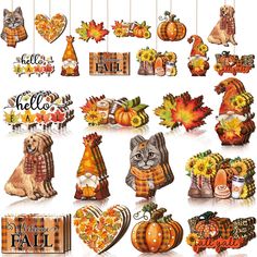 a collection of fall decorations and stickers with cats, pumpkins, leaves, and other items