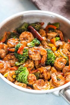 shrimp and broccoli stir fry in a bowl