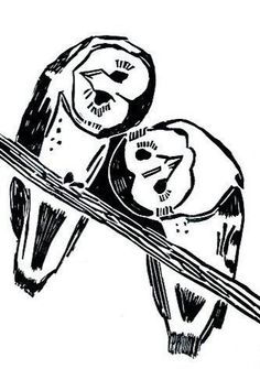 black and white drawing of two owls sitting on top of each other with their eyes closed