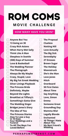 a pink and white poster with the words rom coms movie challenge written on it