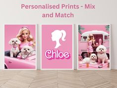 three pictures of barbie dolls and puppies in pink with the words, personalised prints - mix and match