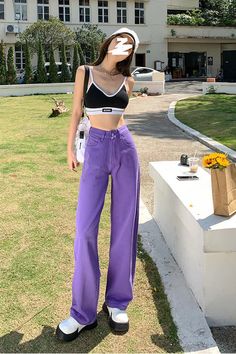 High Waist Loose Casual Purple Jeans Pants – Tomscloth Trendy Baggy Purple Bottoms, Purple Baggy Straight Leg Pants, Purple Baggy Cotton Jeans, Purple Baggy Straight Leg Jeans, Baggy Purple Straight Leg Jeans, Baggy Straight Leg Purple Jeans, Casual Purple Straight Leg Cargo Pants, Casual Baggy Purple Pants, Baggy Purple Bottoms With Pockets