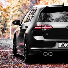 the back end of a volkswagen car parked in front of some trees with leaves on it