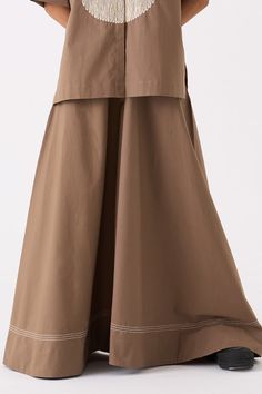 Cedar grey wide legged palazzo with stitchline work and side inseam pockets detailing. - Aza Fashions Spring Wide Leg Pants With Seam Detailing, Spring Workwear Bottoms With Wide Hem, Embroidery Circle, Wave Embroidery, Pant For Women, Brown Shirt, Collar Neck, Brown Pants, Grey Pants