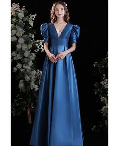 Buy blue elegant long satin formal dress vneck with bubble sleeves at wholesale price online. Free shipping and pro custom service since 2009. Plain Satin Gown Designs, Satin Gown Designs With Sleeves, Satin Evening Dress With Sleeves, Blue Dress Formal Classy, Satin Prom Dress With Sleeves, Classy Prom Dresses Elegant Formal, Blue Gowns Elegant, Satin Gown With Sleeves, Classy Prom Dresses Elegant