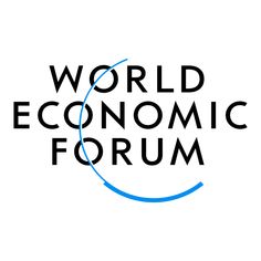 the world economic forum logo is shown in black and blue, with an arrow pointing to it