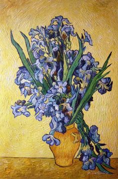 a painting of blue flowers in a yellow vase on a table with an orange background