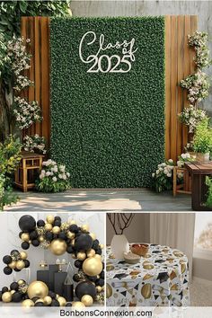 a collage of photos with black and gold decorations, white table cloths and greenery