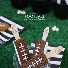 some football themed treats are in a bowl