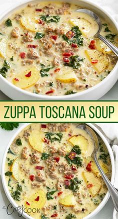 two bowls filled with zupa toscana soup