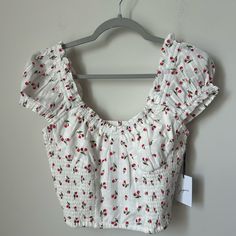 It’s Giving Coquette Girlie! One Size L Nwt Cherry Top! Love The Detail On The Blouse. Bundle Other New With The Tag Designer Items From My Closet For An Offer. Cherry Inspired Outfit, Cherry Crop Top, Puff Sleeve Crop Top, White Halter Maxi Dress, Designer Items, Floral Crop Tops, Sleeveless Crop Top, Crop Top Blouse, Crop Blouse