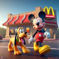 mickey mouse and pluto in front of a mcdonald's