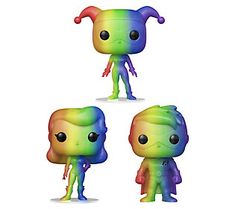 three funky pop vinyl figures in different colors