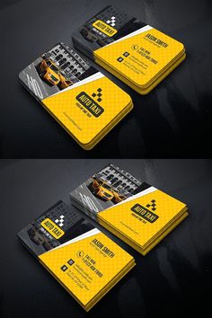 three business cards with yellow and black designs on them, one is for construction company