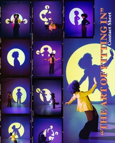 the silhouettes of people in different poses are projected on purple and blue background with black text