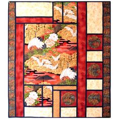 a quilted wall hanging with birds and flowers on red fabric, in front of a white background