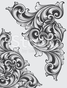 an abstract floral design with swirls and curls in black and white on a gray background