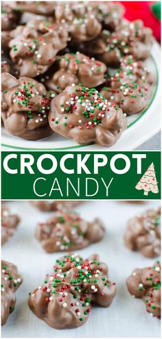 a plate full of chocolate covered cookies with sprinkles on top and the words crockpot candy above it