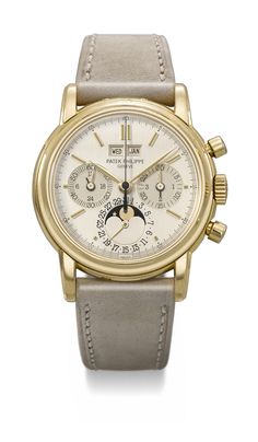 PATEK PHILIPPE. AN EXTREMELY RARE AND HIGHLY ATTRACTIVE 18K GOLD PERPETUAL CALENDAR CHRONOGRAPH WRISTWATCH WITH MOON PHASES, 24 HOUR INDICATION, LEAP YEAR INDICATION AND TWO-TONE DIAL, SIGNED PATEK PHILIPPE, REF. 3970, FIRST SERIES, MOVEMENT NO. 875'015, CASE NO. 2'824'125, CIRCA 1986 | Christie's Moonphase Watch, Trendy Watches, Leap Year, Perpetual Calendar, Patek Philippe, Moon Phases, Men's Style, Wrist Watch