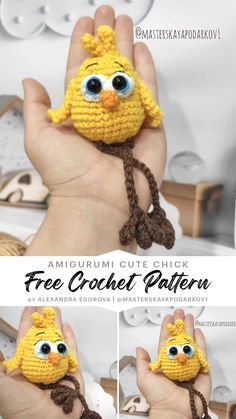 a crocheted yellow bird is shown in three different photos