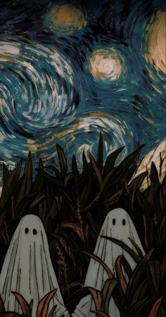 two white ghostes in the grass under a starry night