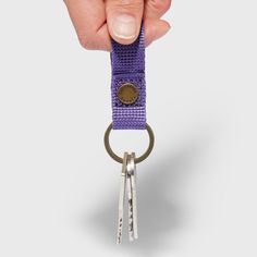 a hand holding a keychain with two keys attached to it