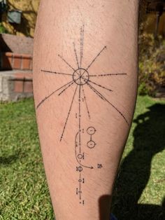 a person with a tattoo on their leg that has lines and circles drawn on it