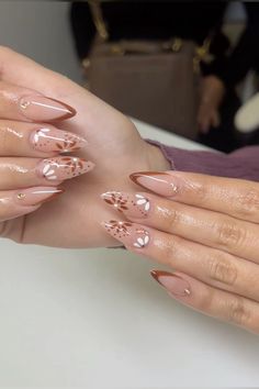 Brown Floral Nails, Latte Nails, Fall Almond Nails, Mexican Nails, Fall Manicure, Girly Acrylic Nails, Her Nails, Party Dresses Online, Thanksgiving Nails