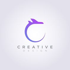 the logo for creative design is purple and white with an arrow on it's side