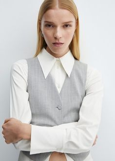 Structured suit vest - Women | Mango USA Suit Vest Women, Pinstripe Vest, Herbal Coffee, Paris Photoshoot, Woman In Suit, Waistcoat Woman, Suit Waistcoat, Blouses And Tops, Oversized Turtleneck