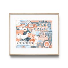 an orange and blue print with words on it, including eagle feathers and other things