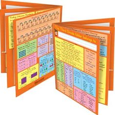 three orange folders with different types of information