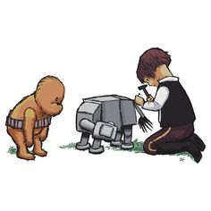 a star wars scene with chew - oo and bblop, one is writing something