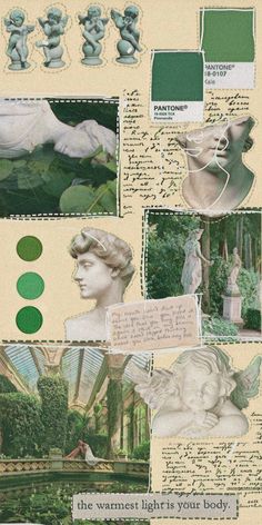 a collage of photos with green and white images on it's sides, including an image of a woman in a garden